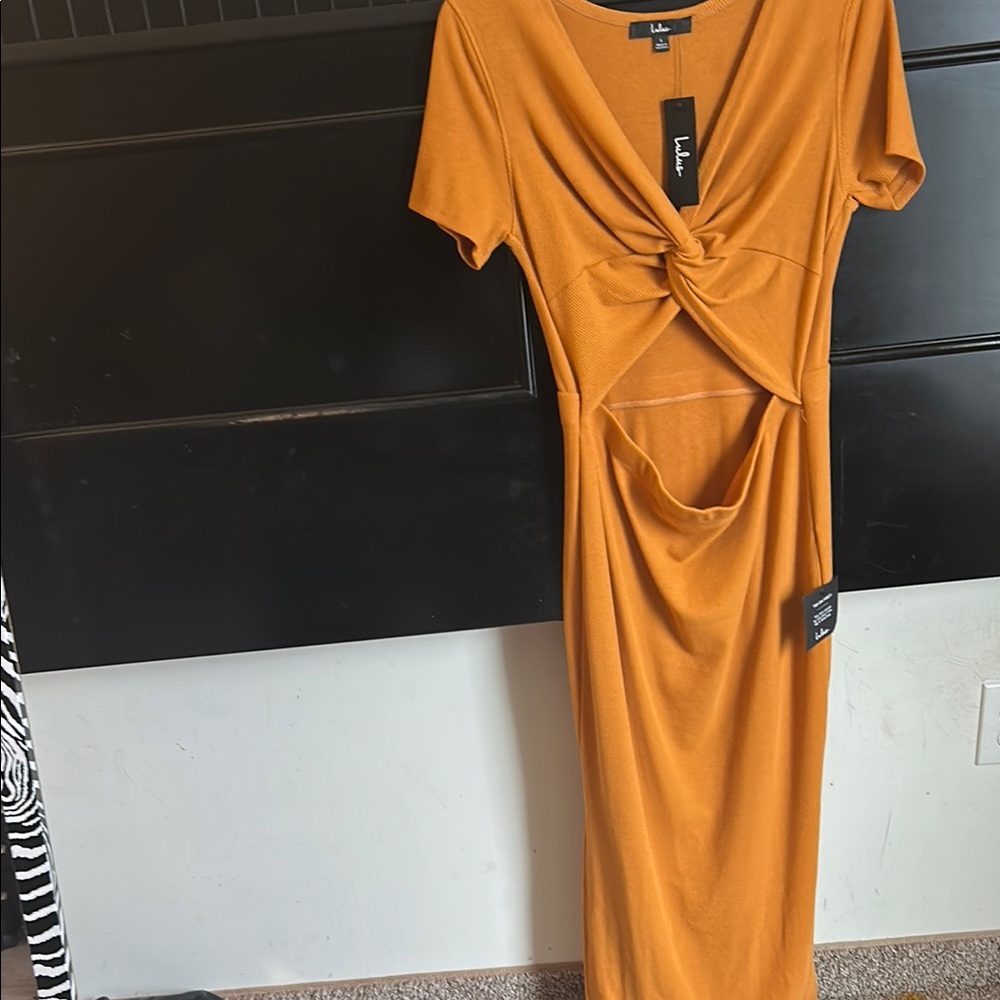 Lulu's Mustard Knot-Front Midi Dress